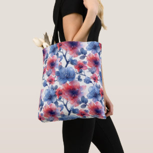 Tote Bag Aquarelle rouge, fleurs bleues sur le blanc