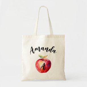 Tote Bag Aquarelle Rouge Pomme courbe Nom Monogramme