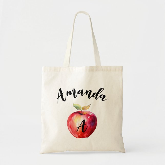 Tote Bag Aquarelle Rouge Pomme courbe Nom Monogramme (Devant)