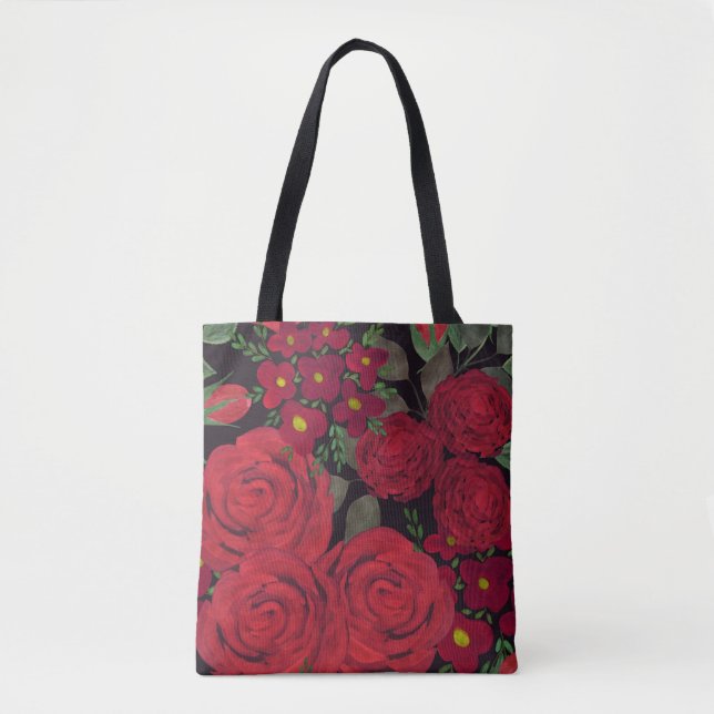 Tote Bag Aquarelle rouge roses sur noir, (Devant)