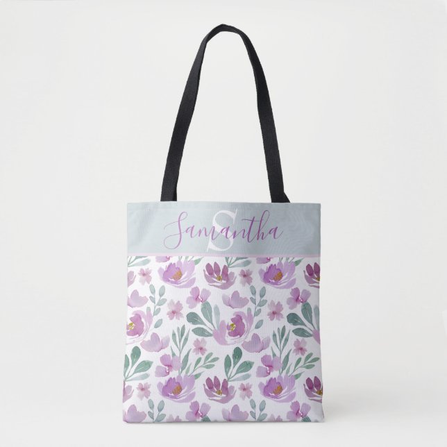 Tote Bag Aquarelle rustique Motif Floral Monogramme (Devant)
