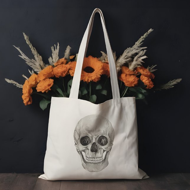 Tote Bag Aquarelle Skeleton Head Gothique Personnalisé Mono (Watercolor Skeleton Head Gothic Custom Monogram Tote Bag)