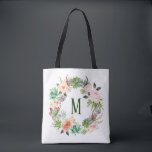 Tote Bag Aquarelle Succulents Floral Wreath Monogramme<br><div class="desc">Sacoche personnalisable avec succulents aquarelle et couronne de cactus avec couronne d'accents de fleurs. Ce sac fourre-tout monogramme floral est parfait comme cadeau personnalisé.</div>