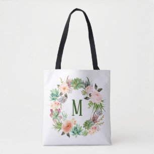 Tote Bag Aquarelle Succulents Floral Wreath Monogramme