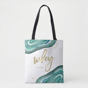 Tote Bag Aquarelle Teal et regard Geode   Wifey d'or
