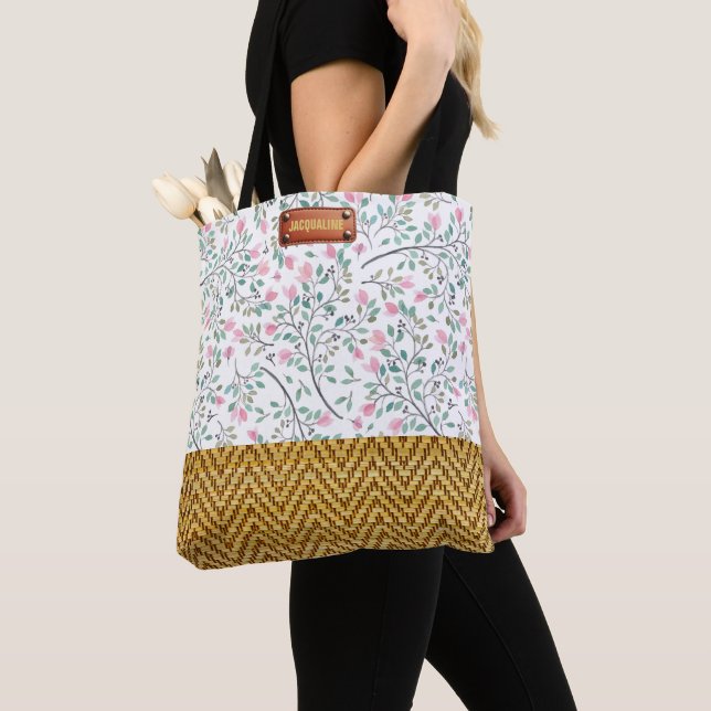 Tote Bag Aquarelle tendance look rotin floral (De près)