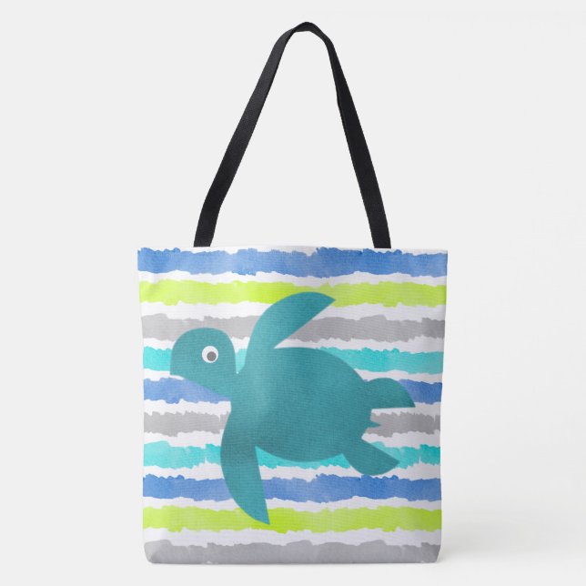 Tote Bag Aquarelle Tortue De Mer Shibori Vague Et Rayures (Devant)