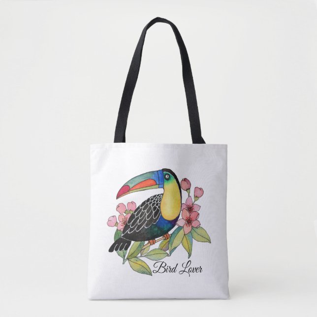 Tote Bag Aquarelle Toucan Bird Avec Fleurs (Devant)