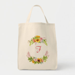 Tote Bag Aquarelle tournesol pivoines Roses Monogramme Boho