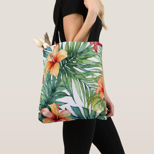 Tote Bag Aquarelle tropicale Art botanique | Palm Hibiscus (De près)