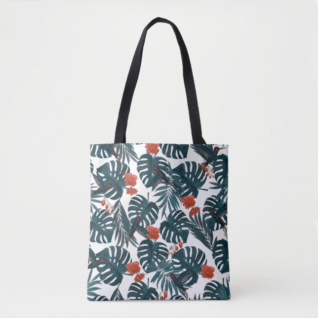 Tote Bag Aquarelle tropicale, feuilles, fleurs, colibris (Devant)