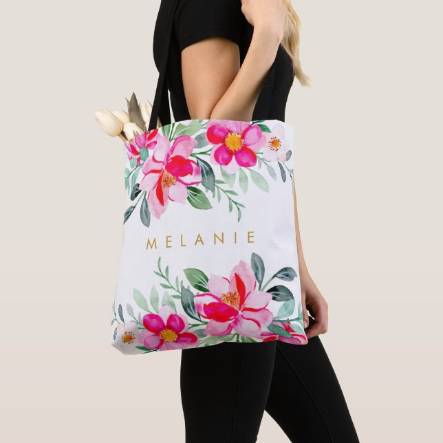 Tote Bag Aquarelle tropicale rose-chaud Bouquets floraux No (De près)