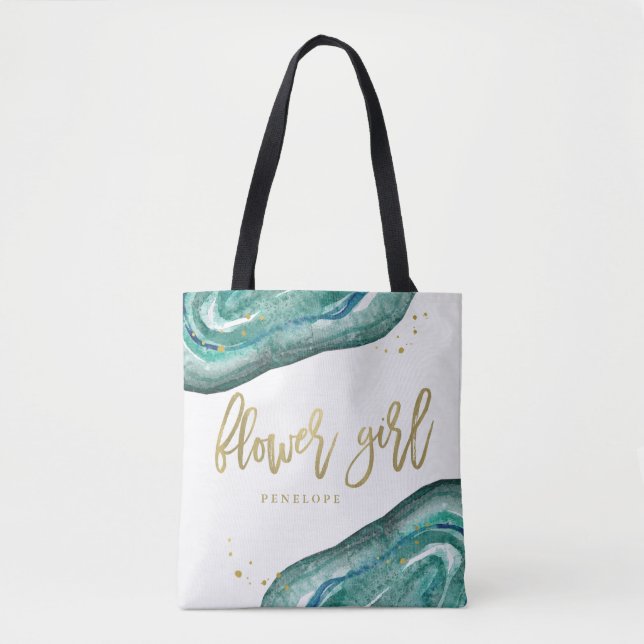 Tote Bag Aquarelle Turquoise et Gold Look Geode | Fleur fil (Devant)
