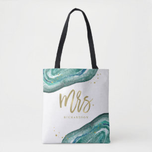 Tote Bag Aquarelle Turquoise et Gold Look Geode Mme