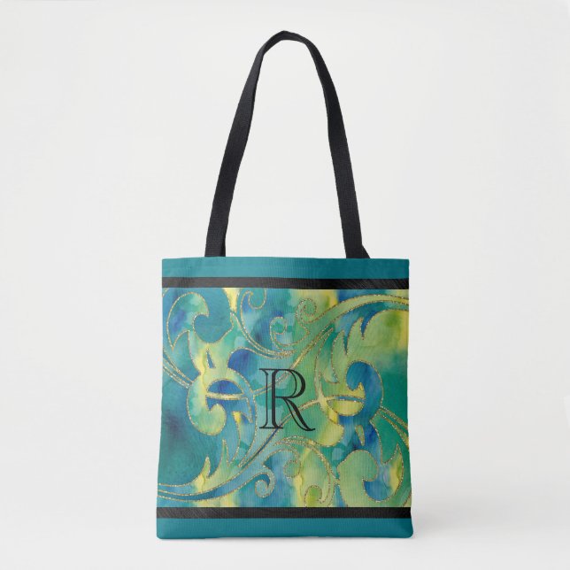 Tote Bag Aquarelle Vert Bleu Or Parties scintillant Design  (Devant)