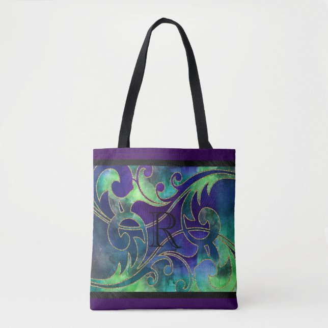 Tote Bag Aquarelle Vert Bleu Violet Parties scintillant Des (Devant)