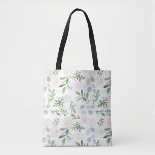 Tote Bag Aquarelle vert et fleurs blanches Motif