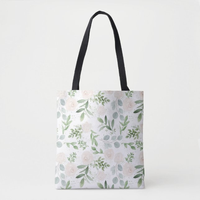 Tote Bag Aquarelle vert et fleurs blanches Motif (Devant)