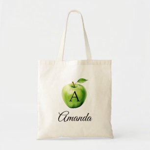 Tote Bag Aquarelle vert Nom de la pomme Monogramme