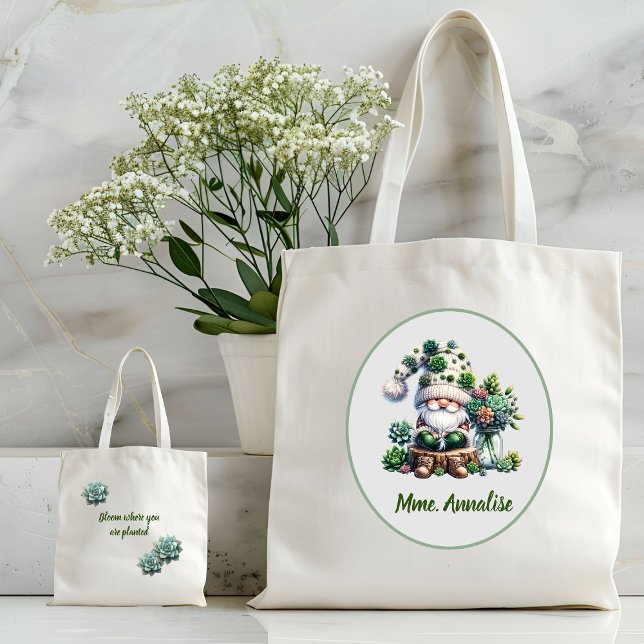 Tote Bag Aquarelle verte adorable Gnome Succulent (Succulent Gnome Tote, Bloom where you are planted)