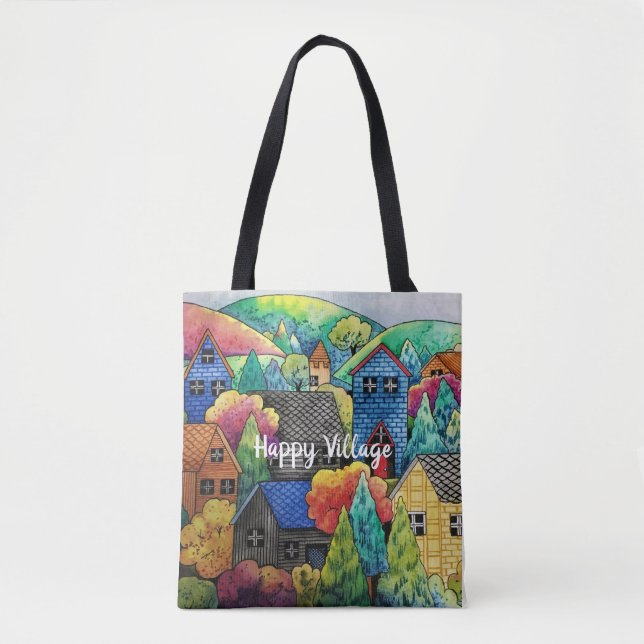 Tote Bag Aquarelle Village Sur La Colline Avec Maisons Colo (Devant)