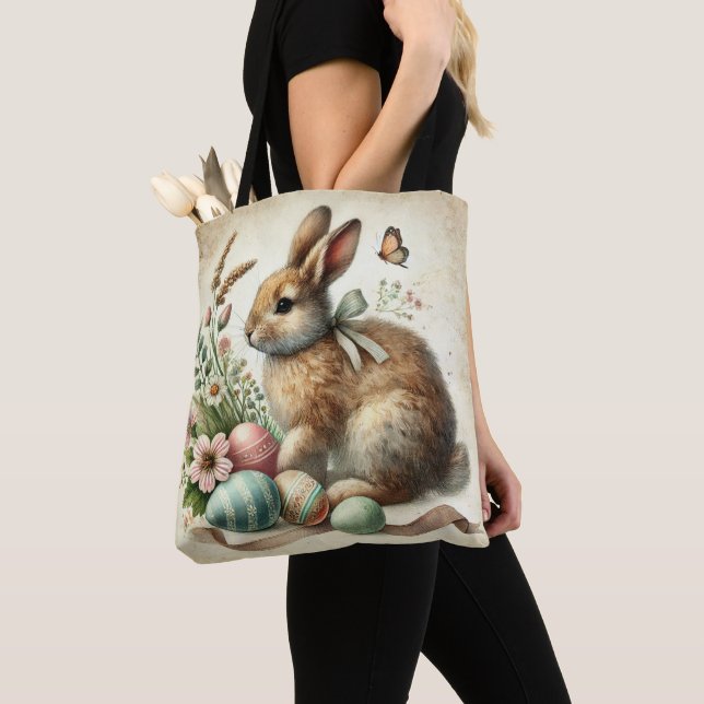 Tote Bag Aquarelle vintage lapin lapin de Pâques (De près)