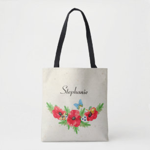 Tote Bag Aquarelle Vintage Whimsical Rouge Poppy avec nom