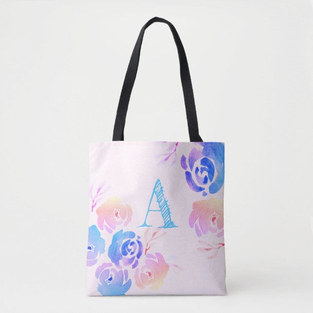 Tote Bag Aquarelle violette et rose Fleurs et feuillage (Devant)