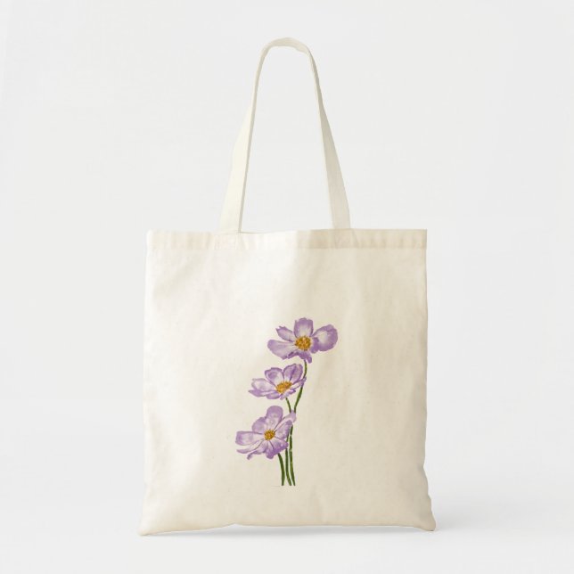 Tote Bag Aquarelle violette Fleurs de Cosmos - Peint à la m (Devant)
