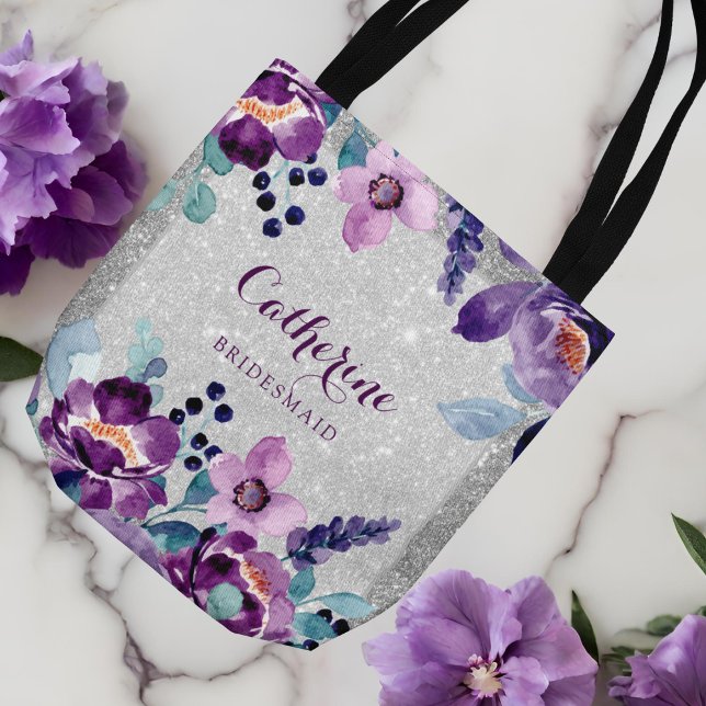 Tote Bag Aquarelle violette Floral et Mariage Parties scint (Flat lay pastel lilac plum floral silver glitter bridesmaid gift botanical purple tote bag)