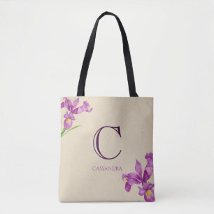 Tote Bag Aquarelle violette Iris Botanique Floral Monogramm