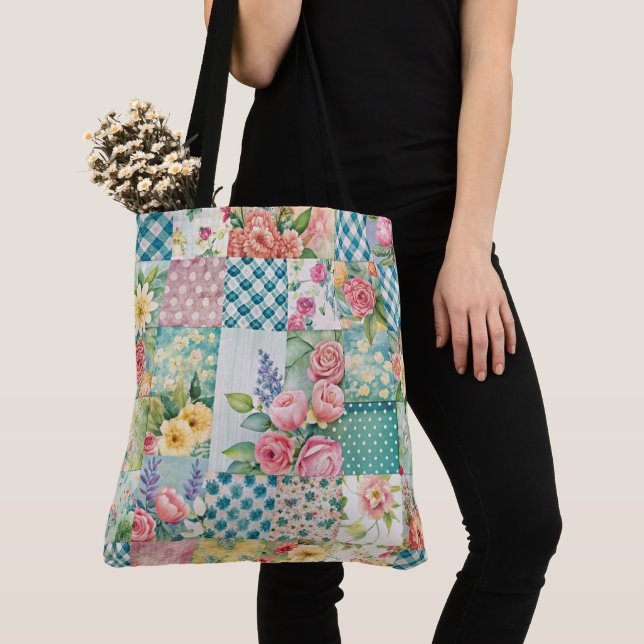 Tote Bag Aquarelle vive Ressort floral Patchwork Seamles (De près)