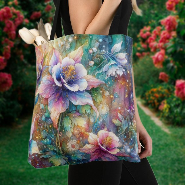 Tote Bag Aquarelle Whimsical Colorful Columbine Flowers (Créateur téléchargé)