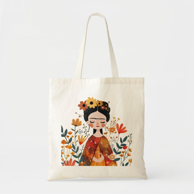 Tote Bag Aquarelle Whimsical Cute Frida Kahlo Illustration (Devant)