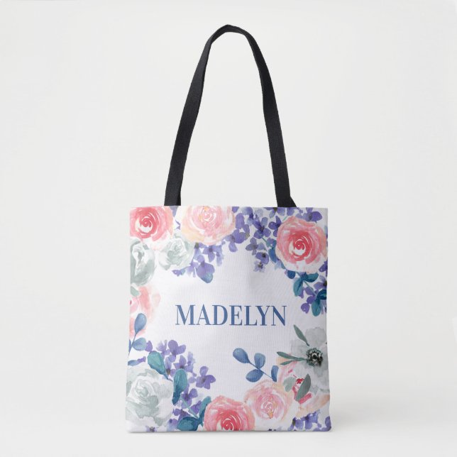 Tote Bag Aquarelle Whimsical Floral Nom personnalisable (Devant)