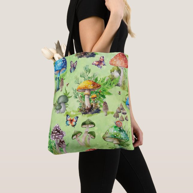 Tote Bag Aquarelle Whimsical Mushroom Garden (De près)