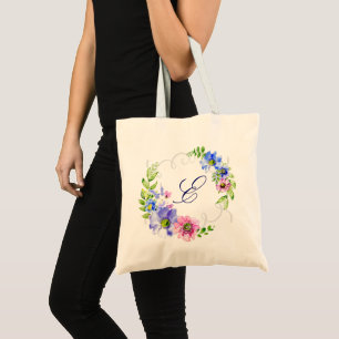Tote Bag Aquarelles fleurs couronnes avec monogramme