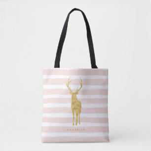 Tote Bag Aquarelles roses et cerfs d'or de Faux
