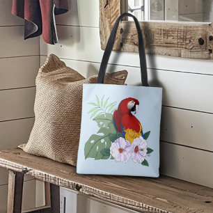 Tote Bag Ara Macao Rouge Perroquet Tropical Blanc Hibiscus 