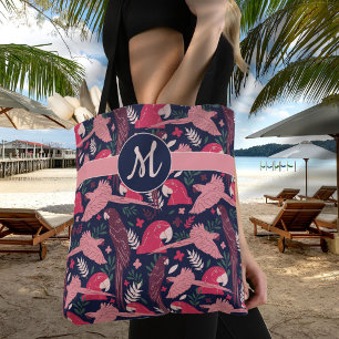Tote Bag Ara Parrot Red Tropical Leave Motif Monogramme