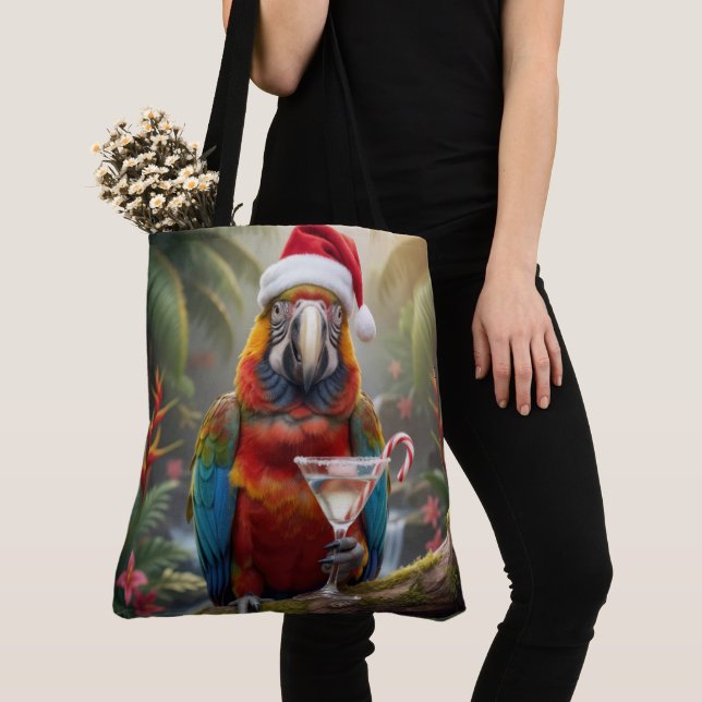 Tote Bag Ara perroquet de Noël avec cocktail Martini (De près)