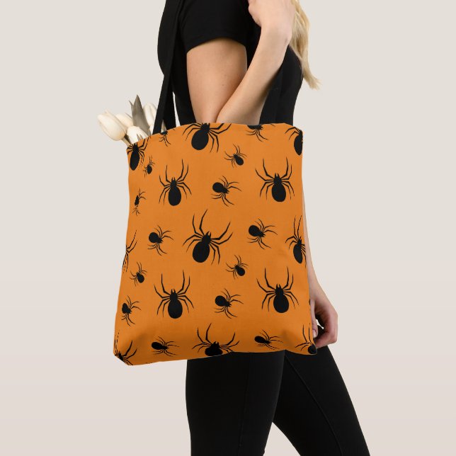 Tote Bag Araignées Halloween motif noir et orange (De près)