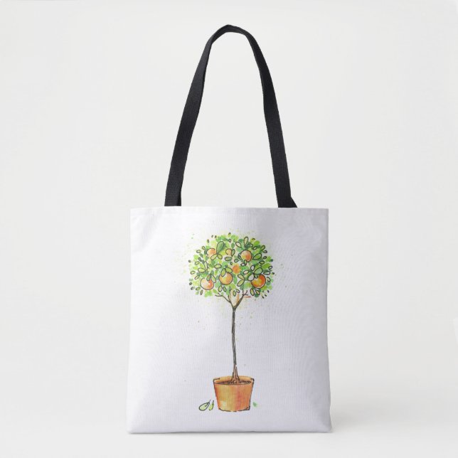 Tote Bag Arbre d'agrume peint d'aquarelle dans le pot (Devant)