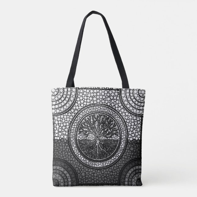 Tote Bag Arbre de la vie - gamme de gris d'art de point de (Dos)
