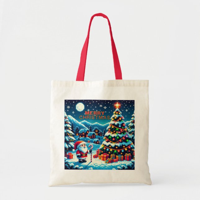 Tote Bag Arbre de Noël 8 bits & Père Noël (Devant)