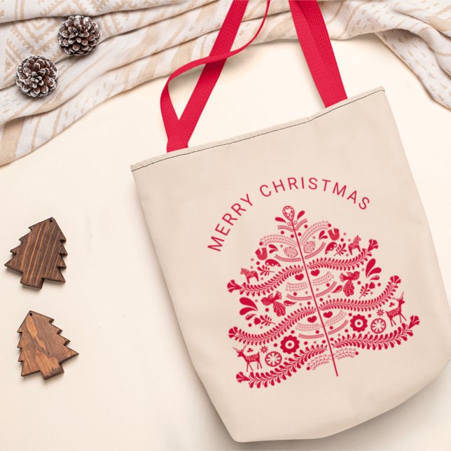 Tote Bag Arbre de Noël d'art populaire scandinave rouge (Créateur téléchargé)