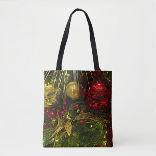 Tote Bag Arbre de Noël Ornements Rouge & Or Partout Imprimé