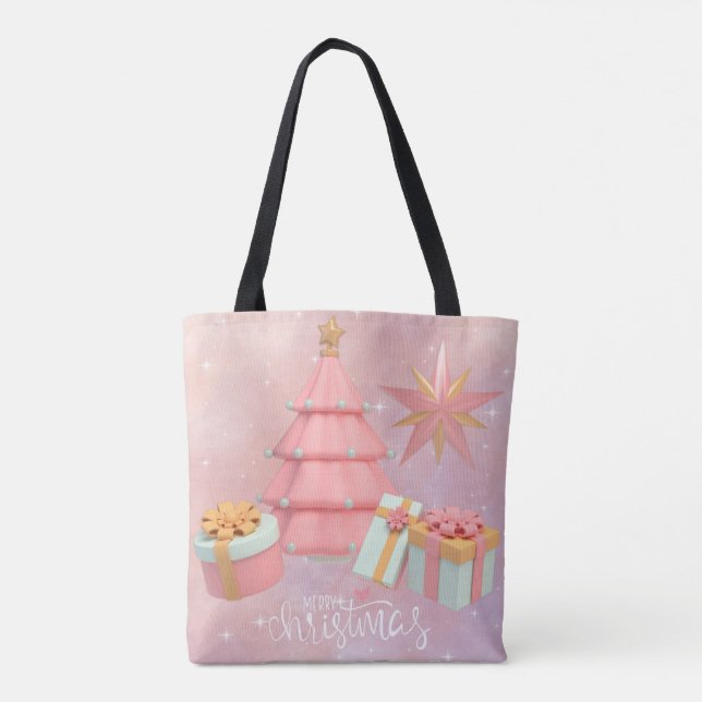 Tote Bag Arbre De Noël Rose Et Étoiles D'Or (Dos)