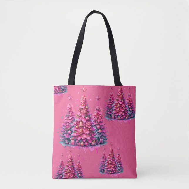 Tote Bag Arbre de Noël rose tendance Preppy esthétique (Devant)