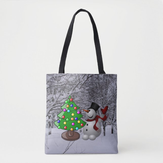 Tote Bag Arbre de Noël, Snowman, Scène De Neige Imprimé (Devant)